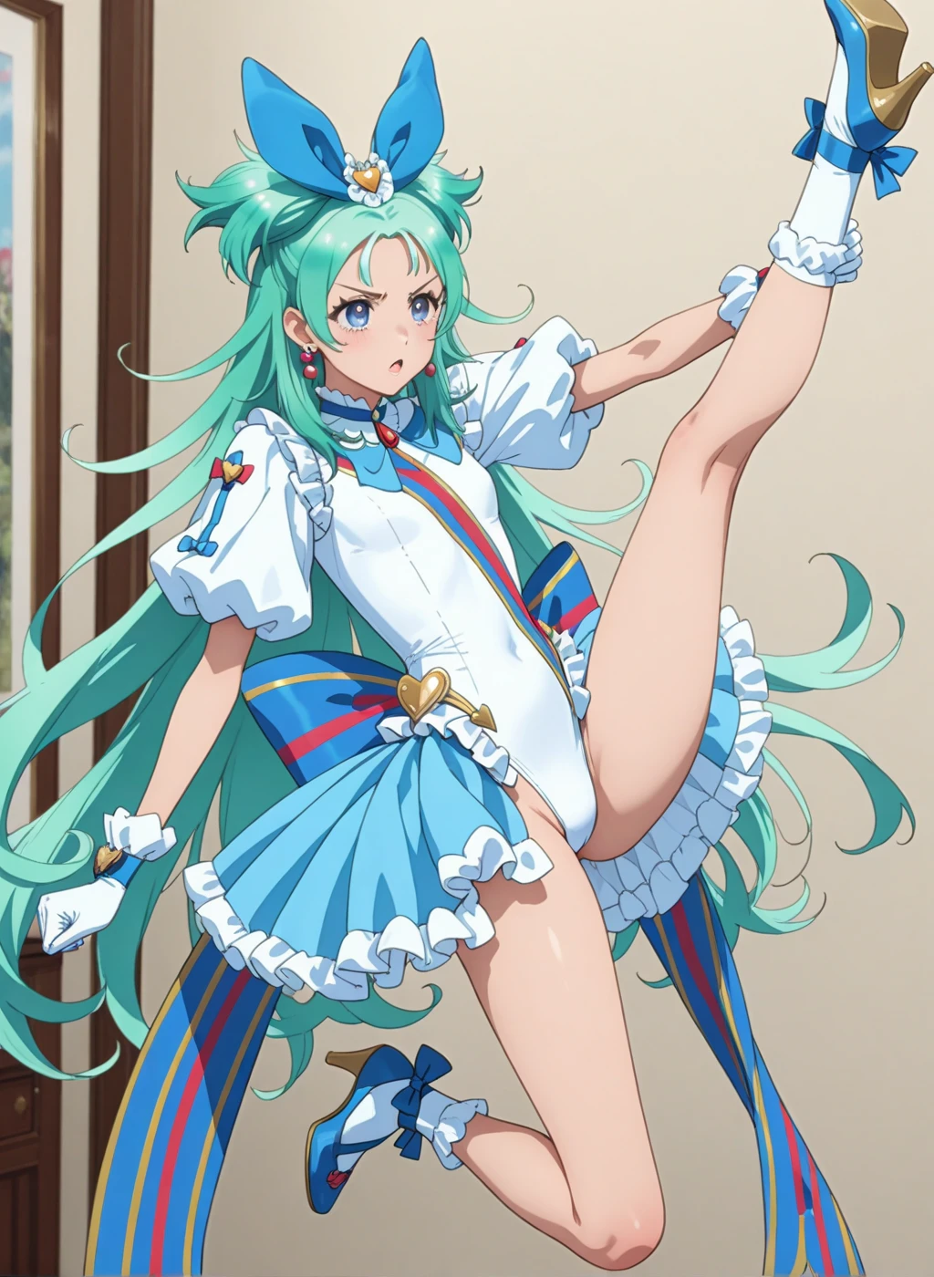 (masterpiece:1.2), (best quality), (high resolution), (unity 8k wallpaper), (sayo minakami), long hair, (red eyes:1.5), bow, hair bow, (green hair:1.5), blue skirt, blue gloves, blue boots, blue elbow gloves, (magical girl), blue gloves, blue outdoors,  Long legs, medium Breasts, looking at viewer, (beautiful detailed eyes:1.6), extremely detailed face, perfect lighting, extremely detailed CG, (perfect hands, perfect anatomy), (white Lace Panties), (show off panties), (standing split), city, sky, sun, clouds, nsfw