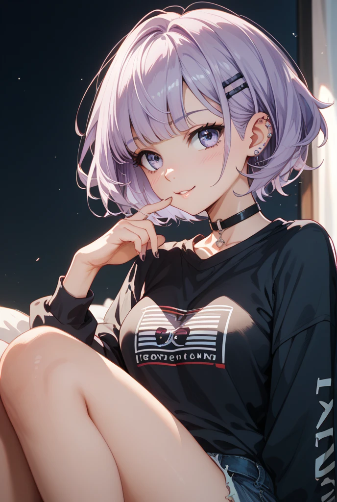 1girl, best quality, beautiful, short hair, 8K, expressionless, full body, sitting on floor model pose, right leg bent up, head tilt look view, slim, jacket, white tanktop inside, earrings, choker, perfect, concept, full color