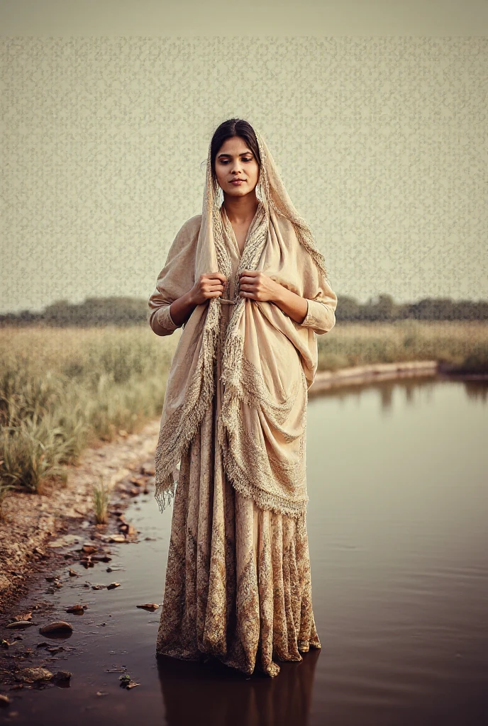 best quality, lifestyle young woman skin tan color wearing sari  stand in russian empire, A mountainous location full of icy boulders and snow, shot on Kodak Brownie  24mm f1.4 len, realistic