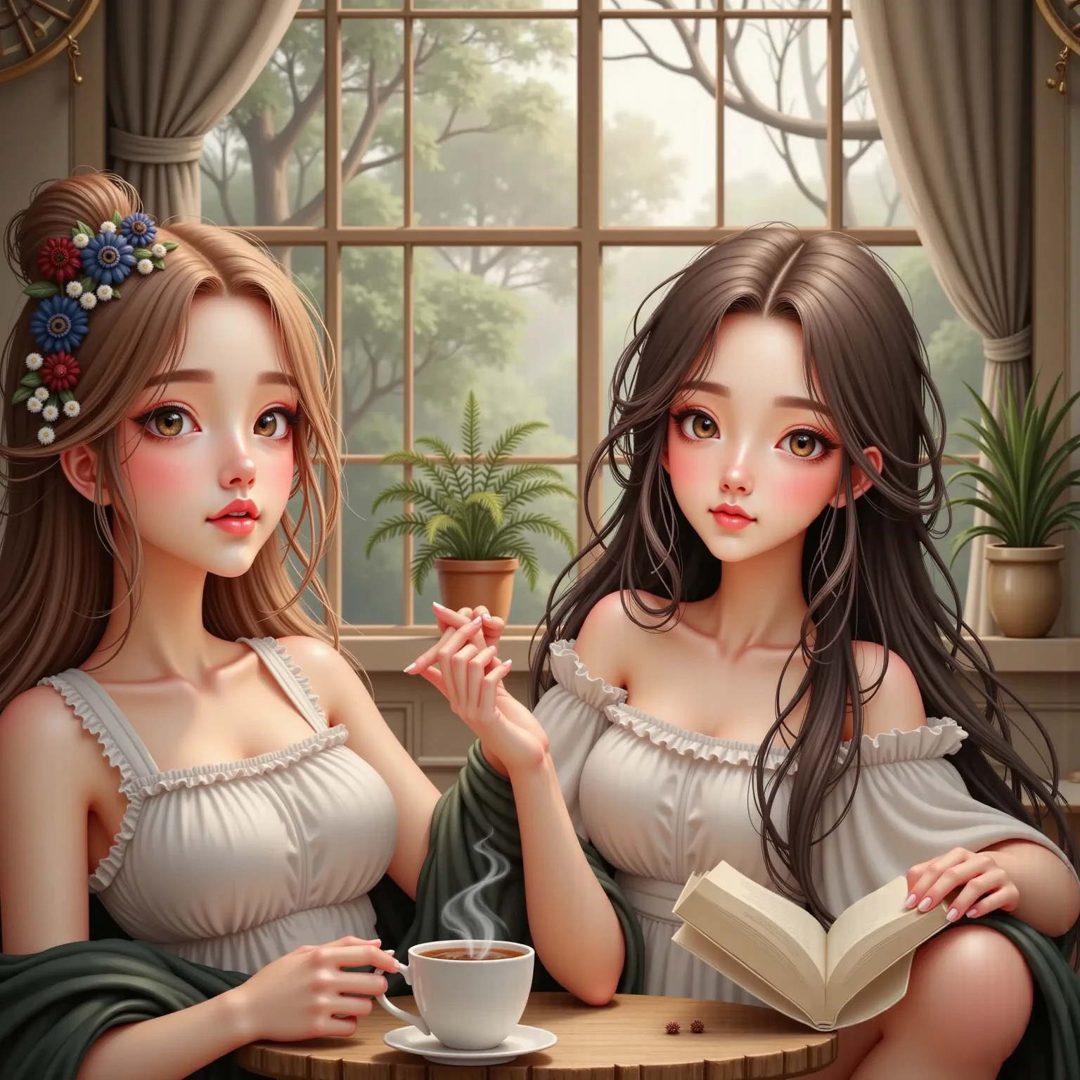 photoRealstic、Sit at your desk and enjoy studying with friends、up of face、Floral dress、flower petals、season!!: 夏天☀ 🍂