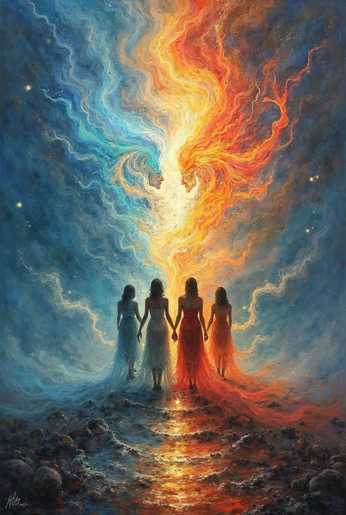 A man separated into three parts as if coming out of the body as the spirit coming out of the body, the body being the main one, a golden spirit, another blue;