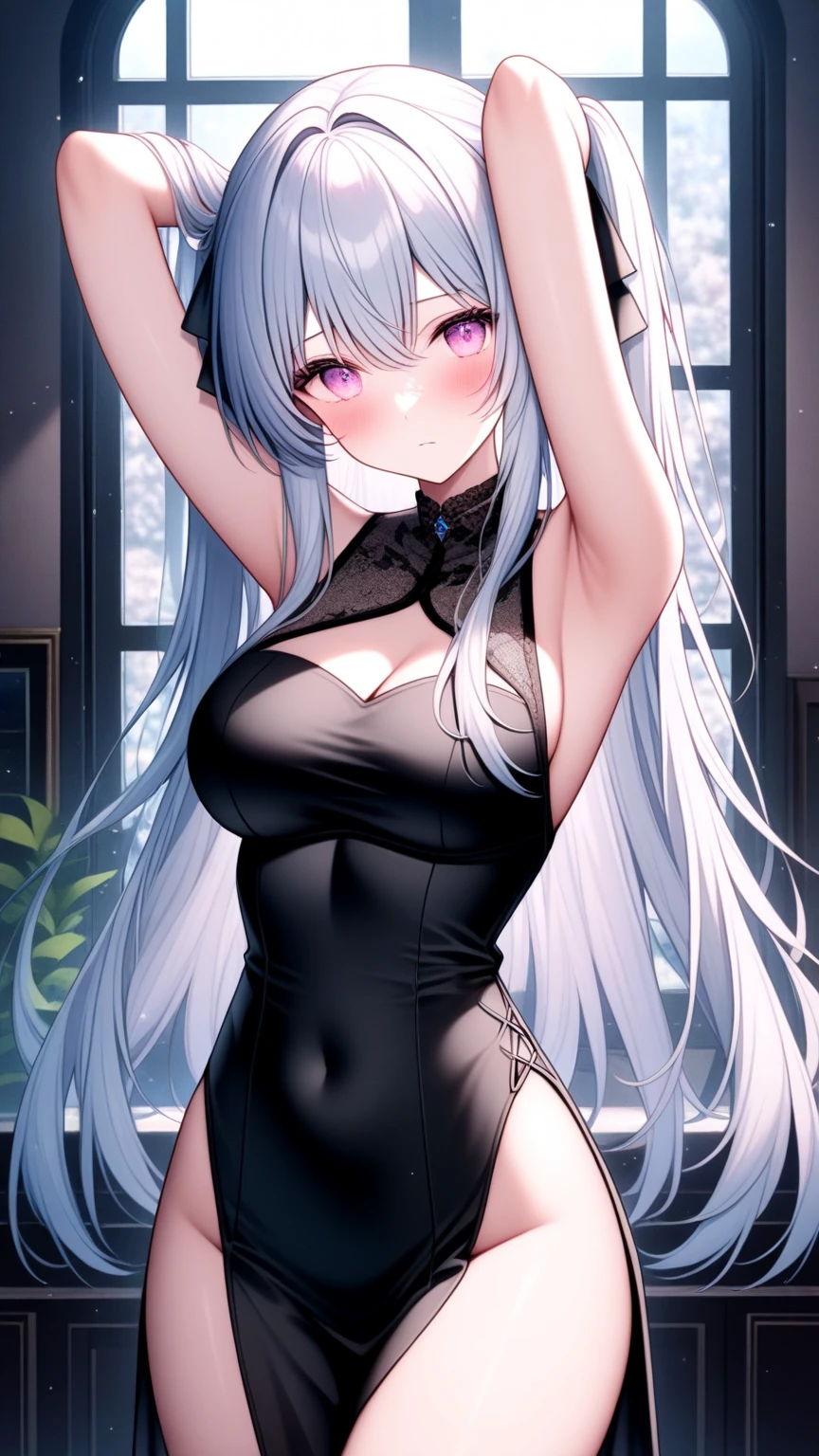 <lora:kearsarge_v2.0:0.8>,kearsarge\(azur lane\), white_hair ,long_hair, purple_eyes,(playboy bunny leotard:1.3),indoors, paw pose,(pantyhose:1.2), masterpiece, best quality, extremely detailed face, sharp details, high contrast,