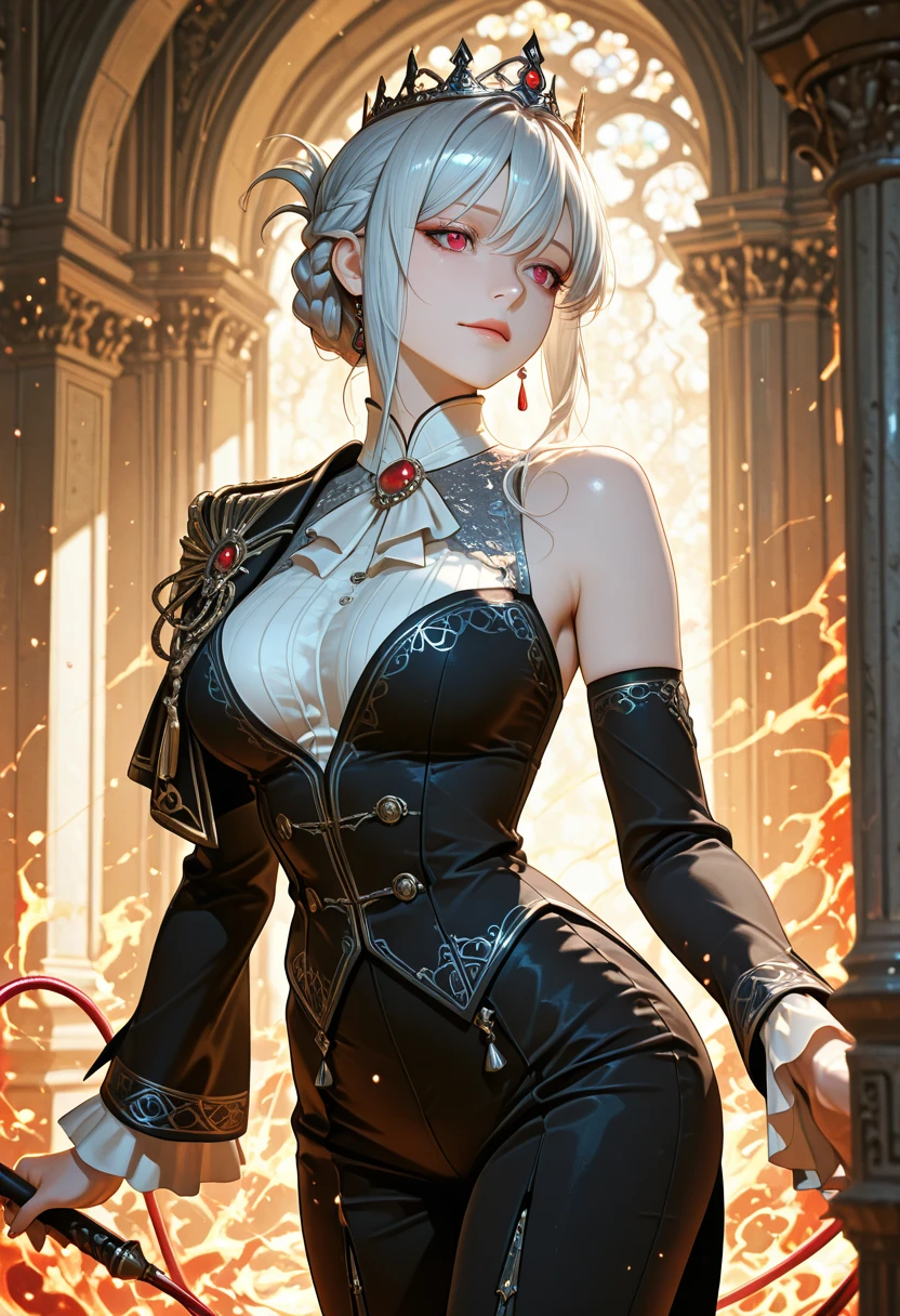white hair, hair over shoulder, hair flower, eyeball, scowl, v-shaped eyebrows, anime, anime style, chiaroscuro, motion blur, UHD, masterpiece, highres, 4K --auto
