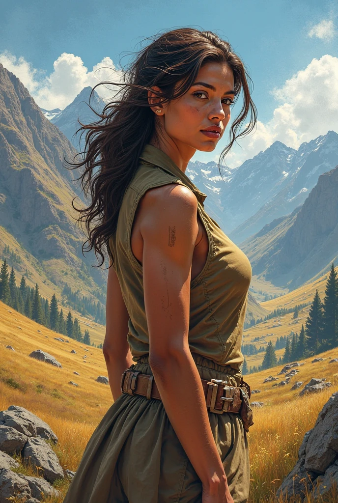 picture of a woman (wearing a tight green tank top:1.2), (wearing long jeans:1.1), big breasts, modelshoot style, (extremely detailed CG unity 8k wallpaper), photo of the most beautiful artwork in the world, professional majestic oil painting by Ed Blinkey, Atey Ghailan, Studio Ghibli, by Jeremy Mann, Greg Manchess, Antonio Moro, trending on ArtStation, trending on CGSociety, Intricate, High Detail, Sharp focus, dramatic, photorealistic painting art by midjourney and greg rutkowski, (leather belt), (in the zoo:1.1), (looking at viewer), (detailed eyes:1.2)