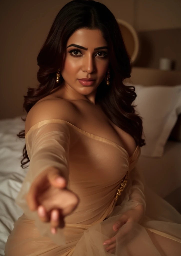 extreme cleavage, big breast, cleavage, Modo de moda feminina indiana de Bollywood,Brown skin,Sari vestida,Happy expression on face, extremely realistic, 8k, detalhes insanos, detalhes intrincados, cinematic color graded, quente sexy, Peitos grandes clivagem profunda, na cama pose sexy, estilo doggy na cama do quarto, underwater