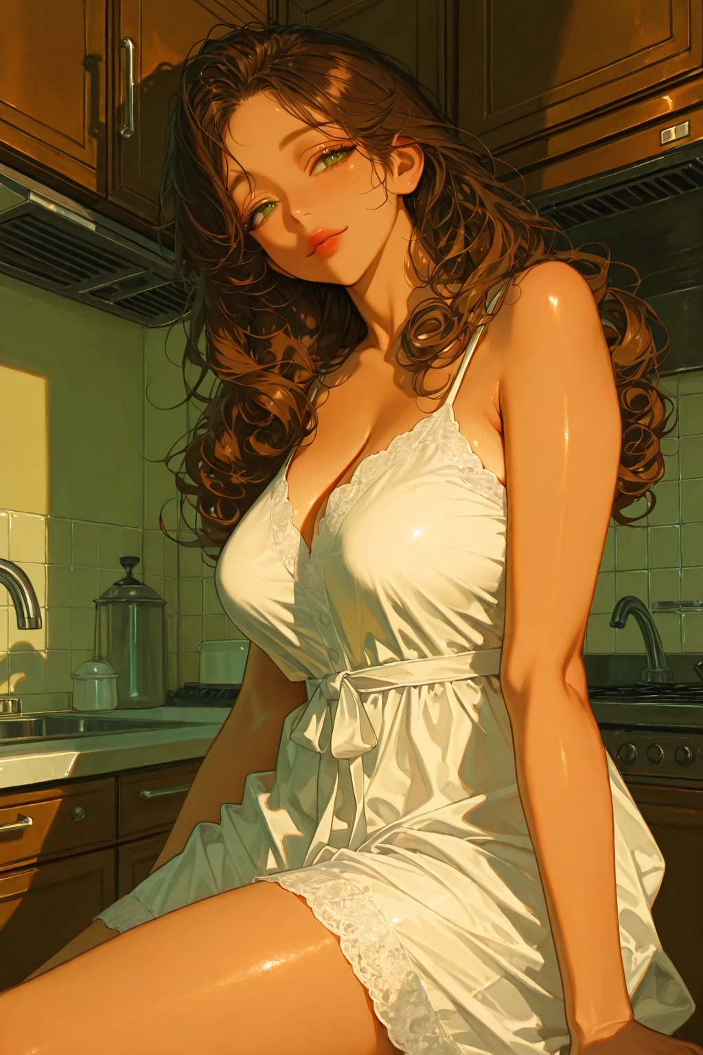 8K raw photo, best quality, masterpiece, ultra high res, film grain, film, 1girl, looking back at viewer, natural skin texture, large realistic eyes and face details, full lips, lipstick, (makeup) , red eyeshadow, cute short hair, smile, closed mouth, beautiful legs, tall female, slim, slim_legs, solo, huge chest, cleavage, ultra short beige satin bathrobe, wide ass, standing, (((bent over))), (((bent at the waist))), hands on a kitchen counter, (((view from the side))), satin bathrobe, jk ribbon on neck, jk ribbon, brown hair, bracelet, bangs, jewelry, parted lips, lips, sideways, slide robe asides, beige satin thongs, touching foot, showing her firm hips and wet pussy, cum in pussy, slime drop out from pussy, depth of field