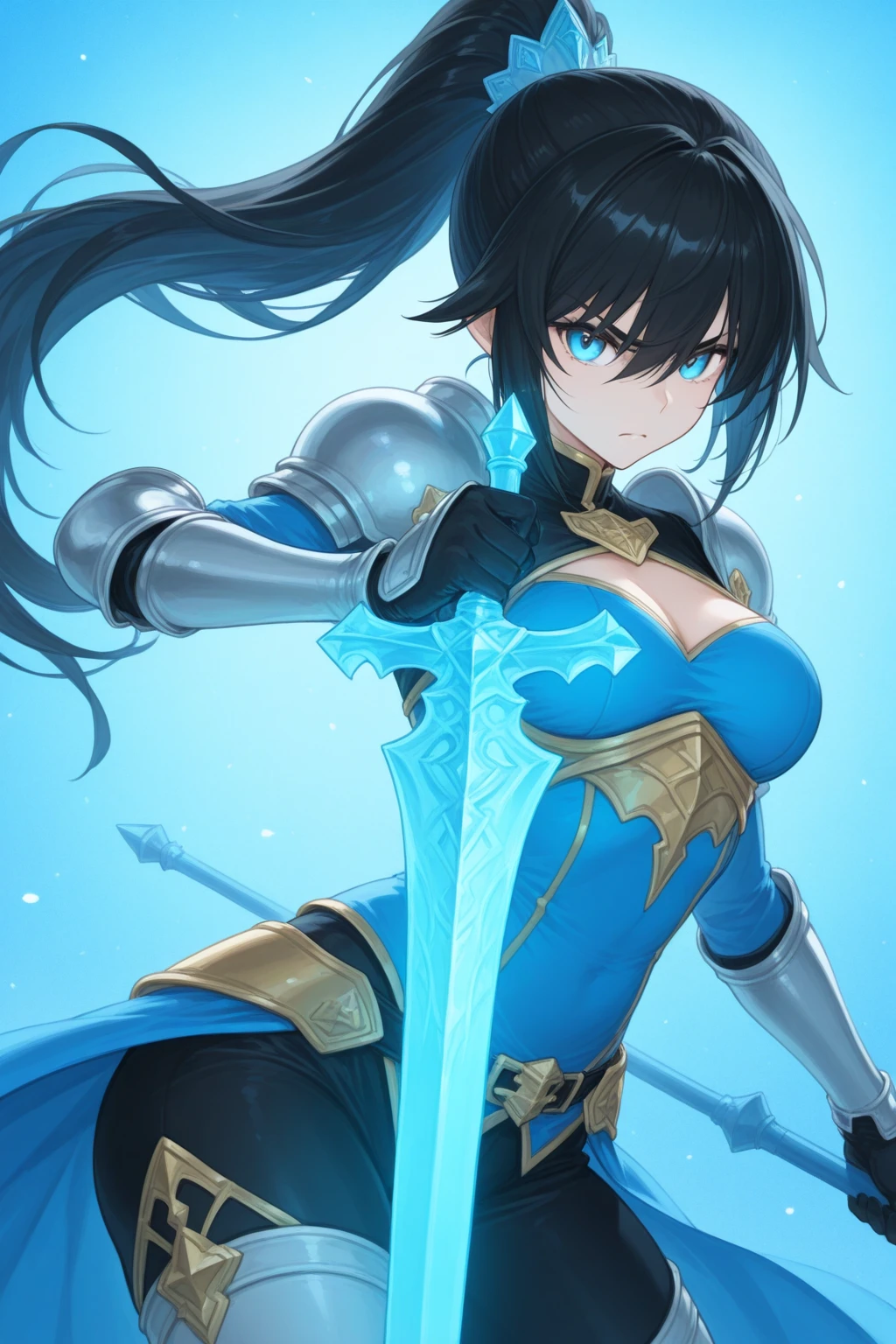 1 Black-haired tall girl with blue eyes, smile, princess, long hair, her kingdom in the background, tiara, folding hand fan, (blue and black) gown, power of the blue wind, ((Masterpiece)) ((Best quality)) ((mature)) busty, upper body