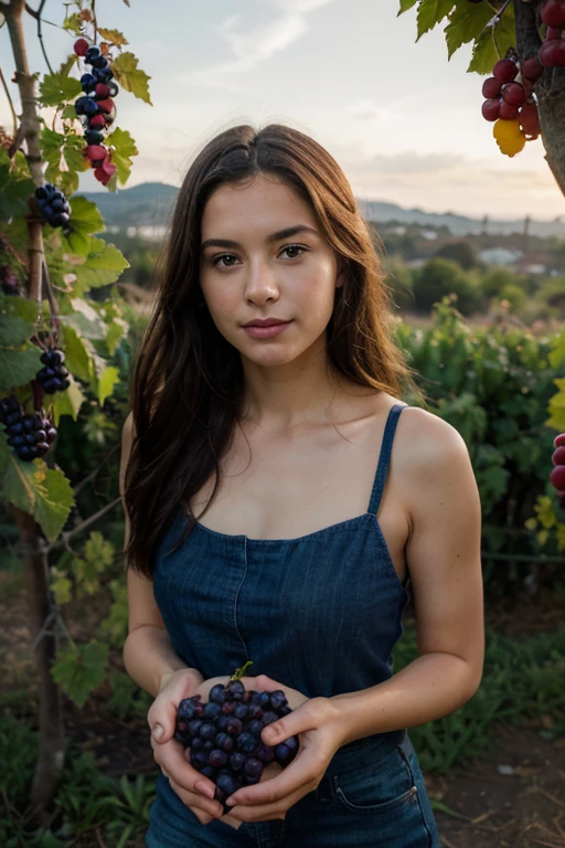 18-year-old girl from France, very beautiful with an enchanting presence, in a short and chic dress with a vineyard background.
Camera angle: Full body, close-up to emphasize her entire outfit, including high heels.
Pose: Standing gracefully with one hand resting on a wine barrel and the other on her hip, smiling alluringly at the camera.
Outfit: Short black fabric dress, off-the-shoulder, paired with red high heels.
Physical description: 18-year-old girl with medium length curly black hair large green eyes thick eyebrows a delicate nose full pink lips fair skin very slim body with measurements 88-58-88 1.68m height and an elegant face with a playful smile.
Background: French vineyard with lush green vines and a rustic farmhouse in the distance.