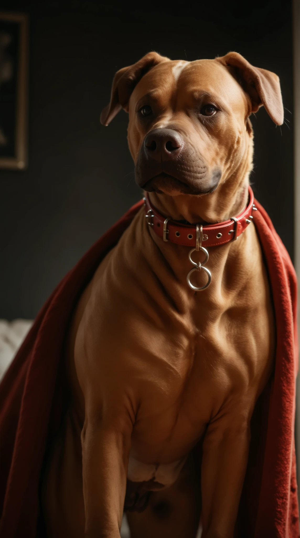 ((pitbull dog)) (standing) on a red velvet blanket wearing a collar facing the camera. Set against an dark room with dramatic lighting. tan fur
