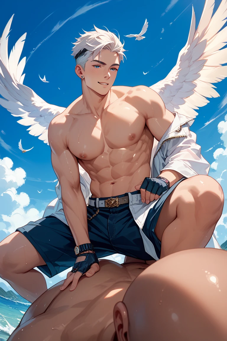 masterpiece, highest quality, (Focus alone), (Perfect Face:1.1), (Attention to detail:1.1),dramatic, ( 2 alluring albino naked angel guy with long flowing pure white hair and piercing 黒い目 standing close toghether , cuddle, almost kiss, sexy angle cloth ),I can see your abs,Handsome,,Short Hair, night shinning moon background, realistic penis, long big dick expose, perfect pretty penis, cumshot alot semen(white liquid all over), cum on face, cum eatting,