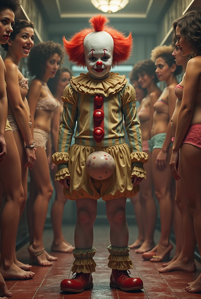 (Photorealistic photography, highres ,best quality, masterpiece:1.2), Actor young handsome Pennywise, young, detailed facial features, detailed eyes, detailed hands, stylish hair, no facial hair, slim athletic physique, no body hair, wearing only a micro thong, holding a red balloon, alot of red balloons in background, dramatic lighting, full body shot 