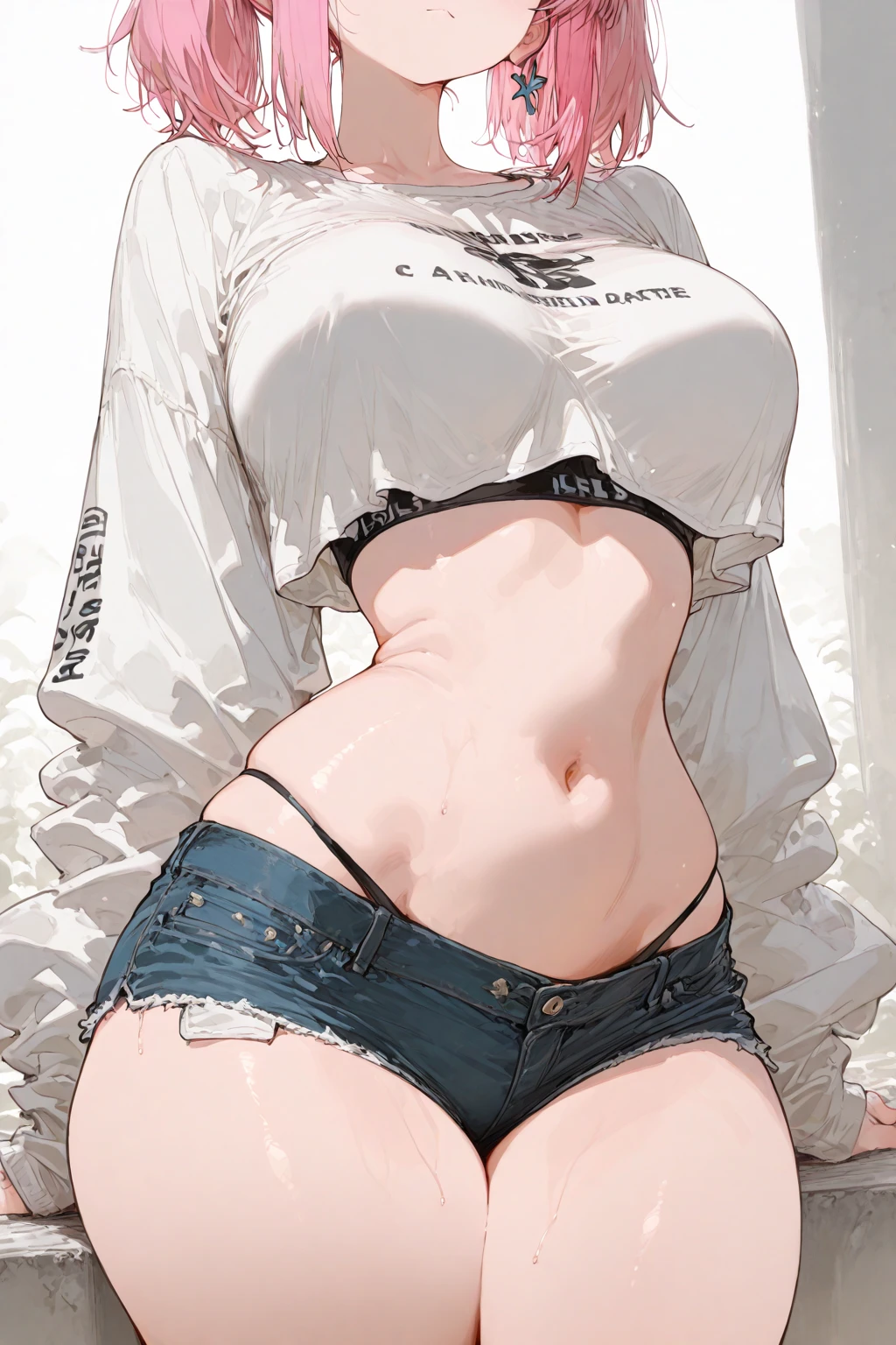 high-key and low-variance brightness scale,soft light,realistic light and shadow, light and dark interlaced,(cowboy shot:1.3)from below,breast focus,looking at viewer,dramatic angle,(solo:1.6)
(masterpiece),(best quality),(highres),(by famous artist),(((official art))),(by Paul Hedley),(illustration),(graffiti:1.5),(paint splatter:1.3),
1girl,(frieren:1.6),(elf:1.4),fashionable female
(small breasts:1.3),(underboob:1.5),(whole body),(paint on face:1.2),(round face),(pointy ears),(slim legs),(skinny body),(detailed beautiful face),lustrous skin,shiny skin,(articulated fingers),(sweat),navel,midriff,((fullness lips))
(white tank top:1.4),(thong:1.4),(frayed denim shorts),(white socks),(sport shoes),(off shoulders),(belly chain),belt,hair ornament,heart-shaped earrings,silver bracelet,black choker
outdoor,(summer),street,graffiti wall
((seductive smile)),blush,((standing)),(hand on hip)
(sunglasses:1.3),(green eyes)
(white hair),long hair,twintails,parted bangs,(reflective hair),
