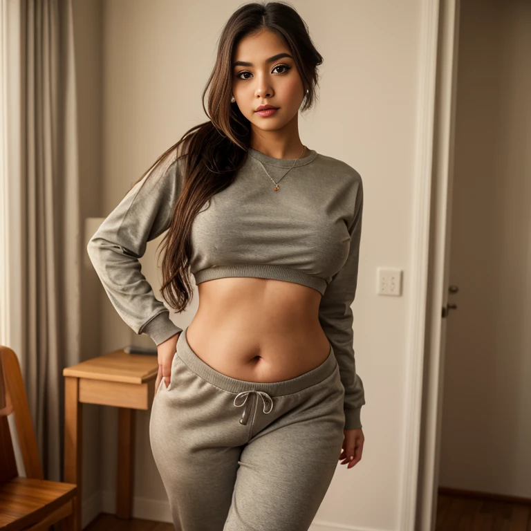 a (beautiful) Young Brazilian girl of (extremely pale skin:1), with (straight black hair:1), (Small face), Small nose, full lips. (narrow shoulders:1.3),(slim torso:1.5), (slim waist:1.4), (slim belly:1.3), (thick thighs:1.5), (Thick legs:1. 2), (thick hips:1.4), 19 year old girl, perfect body, posing confidently. wearing a (gray sweatpants:1.4) and a (red sweatshirt:1.4), standing showing (big booty:1.4), looking straight ahead. in a closed room, midnight, (dark gray walls:1.2).