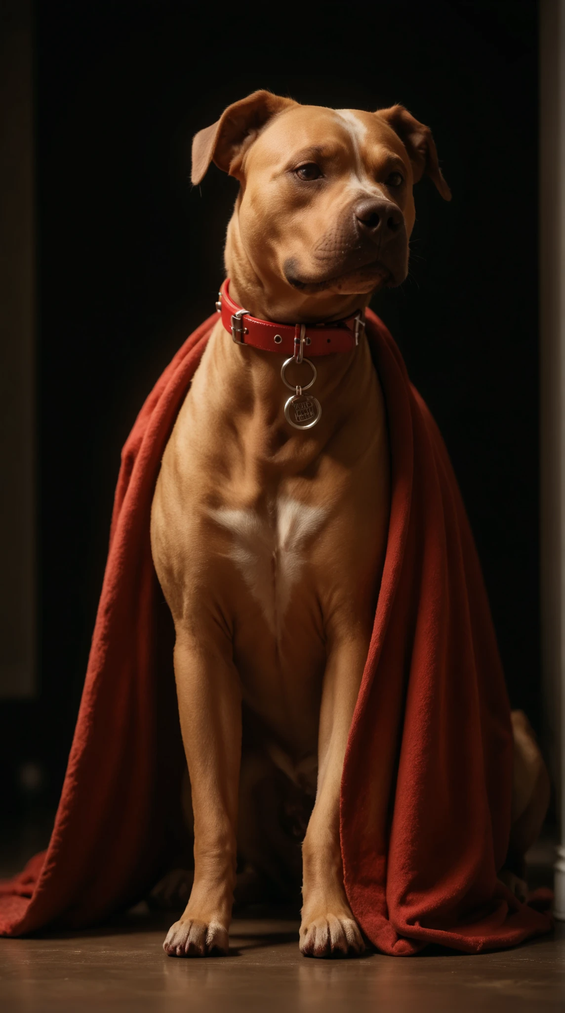 ((pitbull dog)) (standing) on a red velvet blanket wearing a collar facing the camera. Set against an dark room with dramatic lighting. tan fur