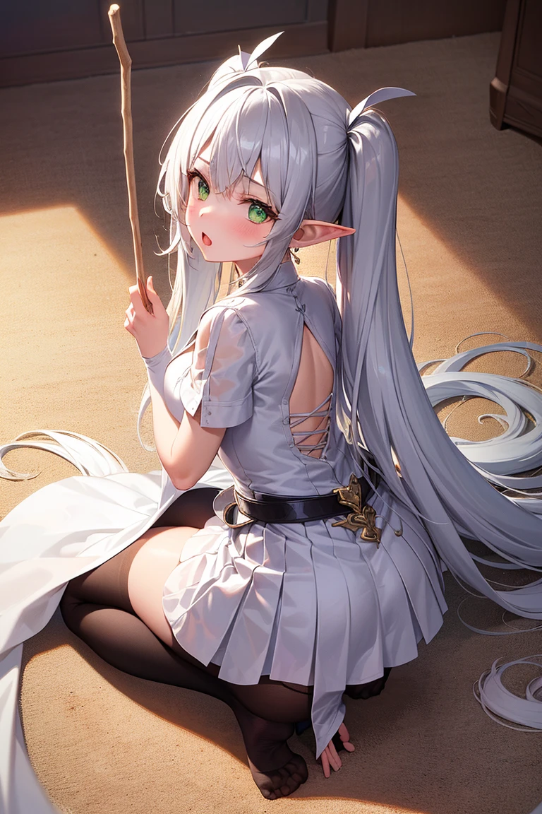 1girl, white hair, green eyes, from behind, looking side, pussy, ((black lingerie)), ((lingerie)), (black tights), (thick thighs), ((naked pussy)), (red lips), (black lace panties), (bents over table), from above
