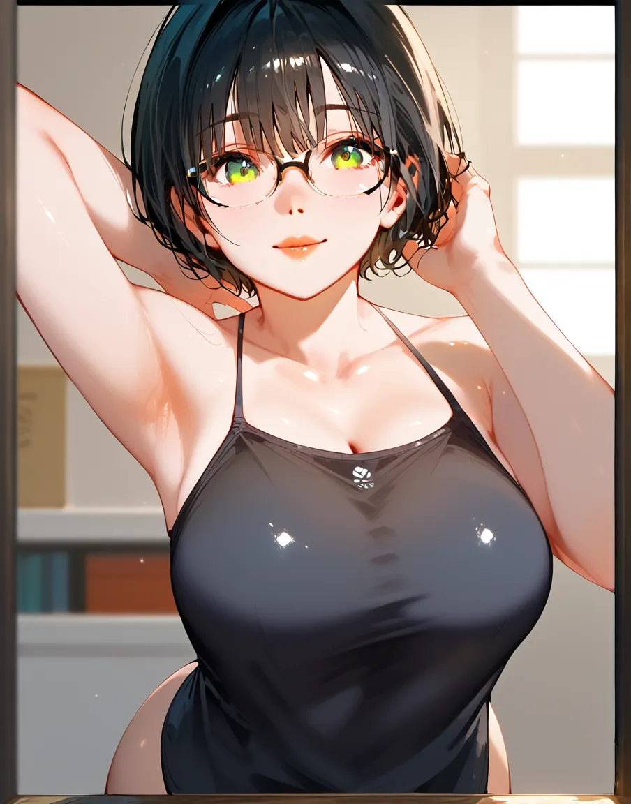 (pov Swimwear style) (beautiful body), (solo:2, 32 yo, bob brown hair short hair cute woman, sexy green eyes, glasses, ecstasy smile, love mode, big tits), (in a glamorous Tube top bikini swimsuit), break, in the Swimsuit changing room, background Double Exposure love hearts, BREAK, perfect anatomy, masterpiece, best quality, 16k, beautiful detailed love, sexy, daydreaming expression.