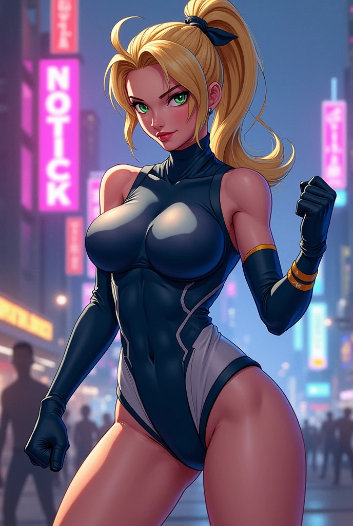 Best quality, solo mature woman, large round breasts, (gravity-defying breasts), fit ass, narrow waist, blonde styled hair, Marvelous pink eyes, full lips, seductive, ribbon in hair, choker, sexy fishnet bodysuit, silver hoops, skinny muscular thighs, fit physique