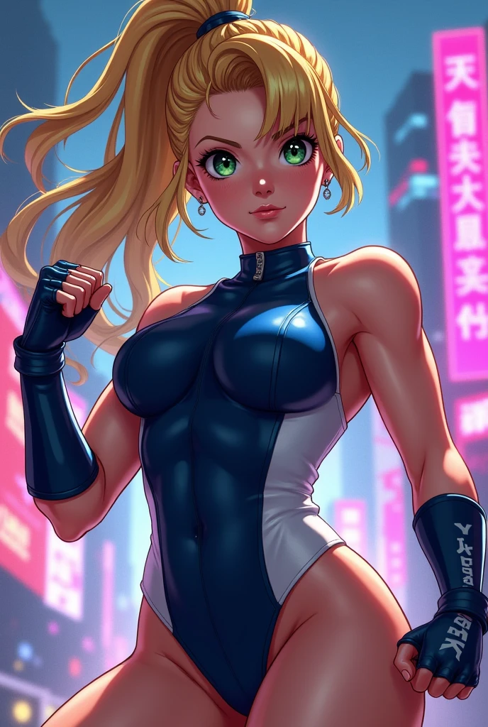 1 girl, caucasian, ((detailed face)), milf cammy from street fighter wear (black leotard), night street background, standing, looking at camera, arms behind head, UHD, bokeh, ray tracing