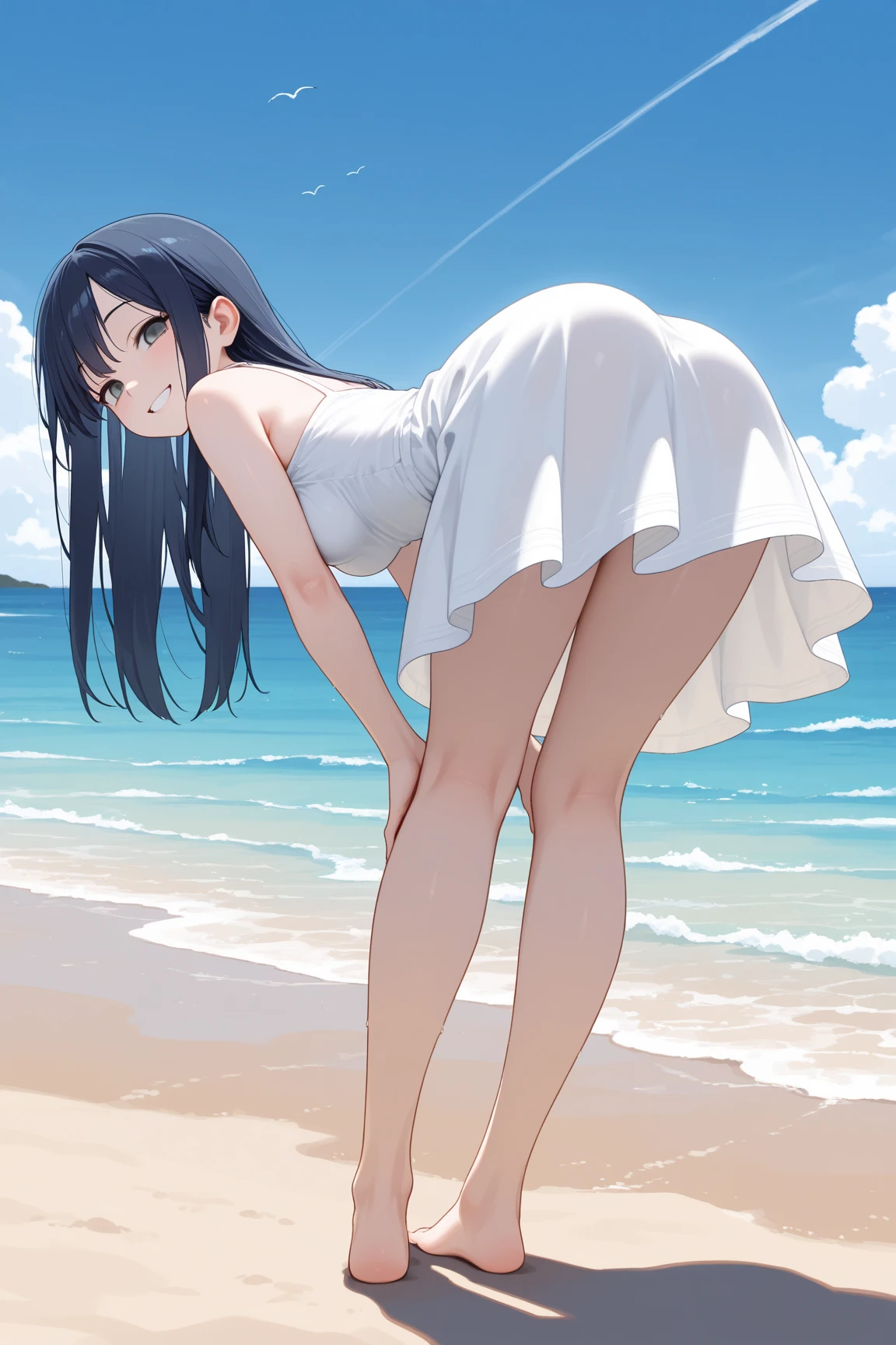black twintail hair, medium breasts, naked, crawling, blushing, cowboy shot, on the beach, masterpiece ,very detailed, side view