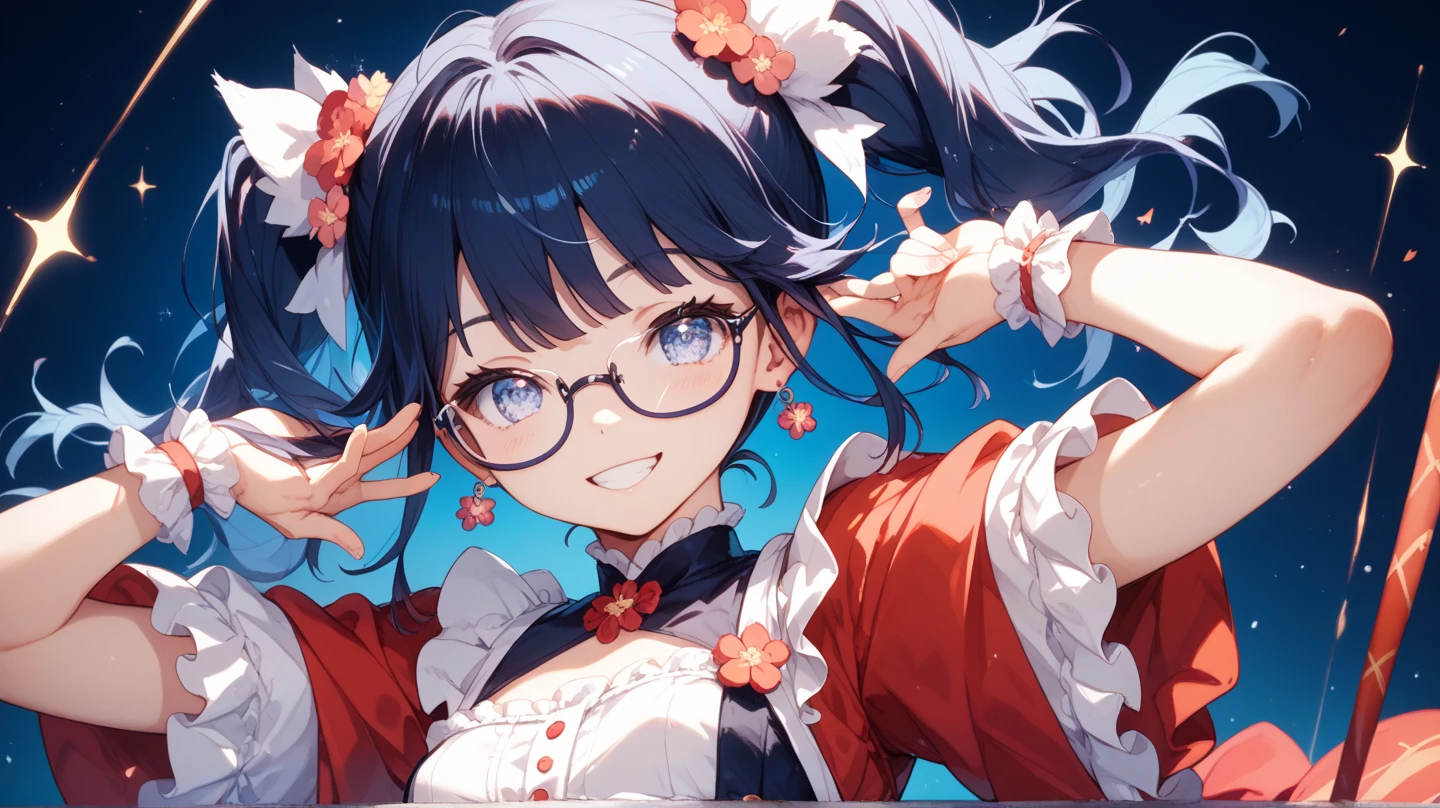 World of Swords and Magic。cherry trees。Japanese style hairstyle。White underwear。eye glass。a miniskirt。winking。all-fours。from the rear。