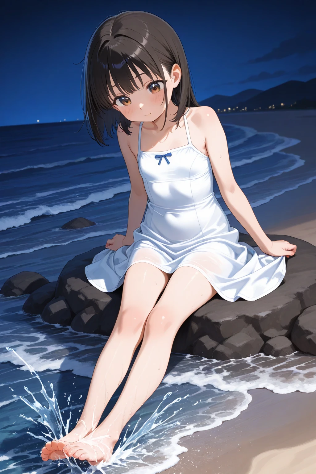 See-through nipples、back、turn around、My feet are covered in mud、With sea mud、T-Shirts、Swimwear、The buttocks are digging in、Thighs、Girl、Girl、Short、Younger、Lower school year、Baby Face、Both eyes open、flat chest、Dynamic Angle、Beach、Seaside、There&#39;s a little bit of mud on my face、smile、sunlight
