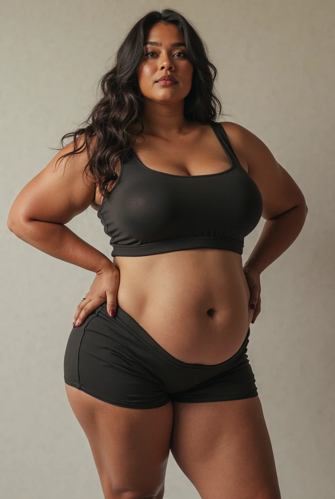 DARK SKIN, South Indian WOMAN, TALL, VOLUPTUOUS, CHUBBY, BLACK BRA, BLACK LEGGINGS, BUN HAIR, FOREST, REALISTIC, PHOTOGRAPHY, 