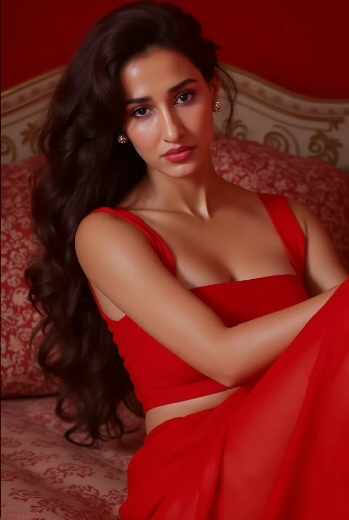 A beautiful 20-year-old Iranian girl with curly brown hair, wearing a red dress, making a sultry flirty expression while looking directly at the camera, high quality 8K photograph, masterpiece, best quality, (looking into camera:1.3), (beautiful:1.2), portrait, photorealistic, cinematic lighting, dramatic color palette, detailed skin texture, fine art portrait