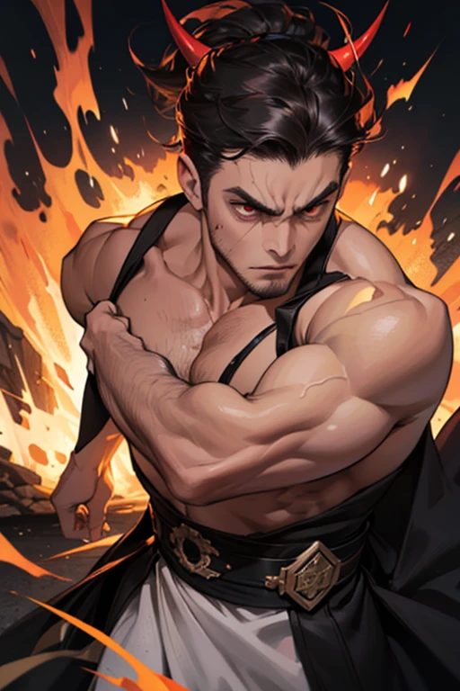 1 man, solo, old man, cupped body shot, a man making green fire out of his hand, white skin, shirtless, open chest, tattoo, symmetrical tattoo, stubble facial hair, muscular, hunk, short cut hair, black hair, smirks, turn head pose, hades style, necromancer green fire, mythical fire, fantasy world, best quality:1.2, masterpiece, high resolution:1.2, big light yellow trench coat, gold necklace, high camera angle, shadow, volumetric lighting, flat style