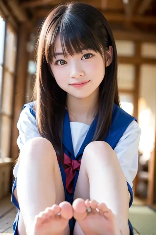highest quality, masterpiece, Ultra-high resolution, (Realistic:1.4), RAW Photos, Full Body Shot, Front view, From below, One girl, The most famous Japanese idols, Squatting on the stairs, Wearing a Japanese high , (Very cute face like the most popular Japanese idol, (very beautiful big eyes)), Very beautiful hair, Very beautiful skin, Very beautiful long eyelashes, Very beautiful lips, very beautiful short body, Very beautiful thighs, An innocent smile, View your viewers, Dynamic Pose, Detailed play area, Detailed matching of Japanese high school uniforms, Detailed upskirt