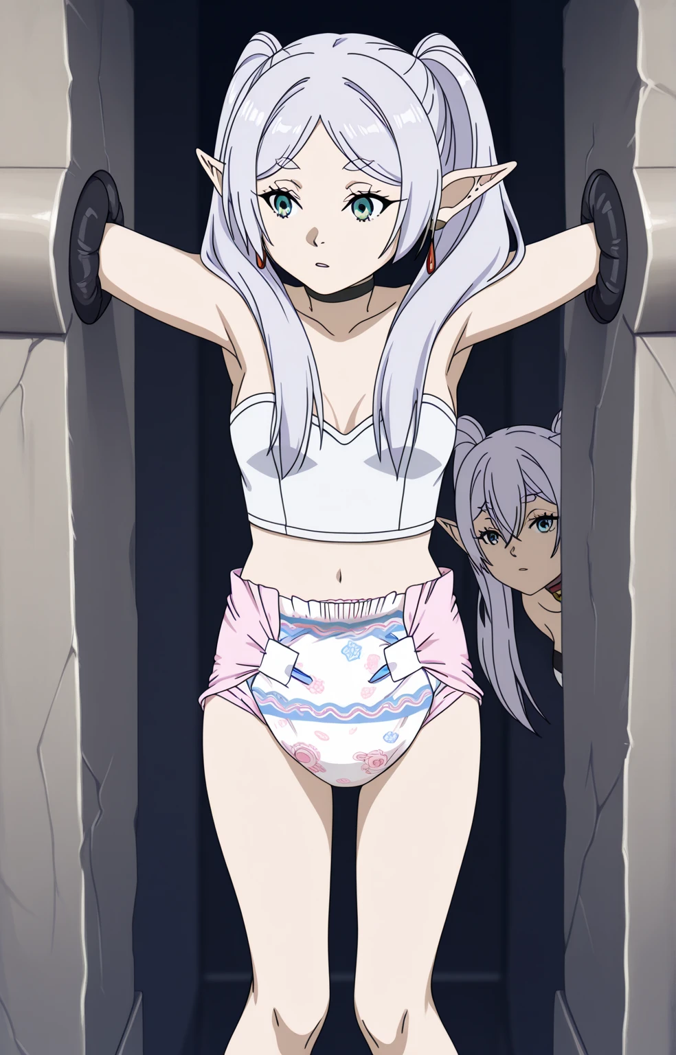 A naked girl exposed in the street、Feeling embarrassed、Nipples have stickers on them、The lower part of the body is wearing panties、Being tied up with hands behind back、Crouching with legs spread、Knees up、With legs apart、Nipples、Small breasts、Silver Hair