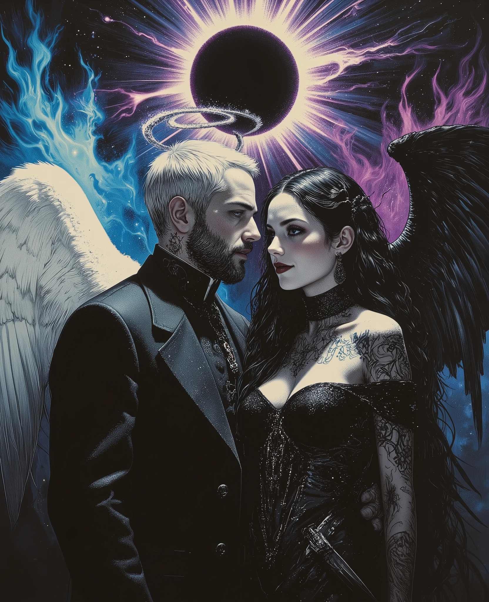 color contrast, hyperrealistic poses, cinematographic photography , detailed, best quality , High resolution , intricate details, vivid colors , detailed Style Photography Hyperrealism oil painting portrait of a creepy yet beautiful mystical couple , ((( beautiful mystical soulmates ))) perfection of style , vivid colors , colorful, dark background, aidmaMJ6.1, FNTSypstlce estilo , Nova arte digital fantasycore, q
Done in a balanced, fluid, gothic style that expresses the harmony of opposites that dance around these 2.
A captivating portrait shows an angel and a demon in stark opposition. On the left, a 40 year old clean shaven man with short white hair and aquiline features. With a wry expression wears a dark, high-collared coat. He has white, feathered wings and a glowing halo, symbolizing his angelic nature. On the right, a mixed woman with light brown skin and long, a head shorter than the man almost braided hair black as midnight that shimmers, is wearing a roguish grin and dressed in a black, ornate off-the-shoulder gown. Her radiant eyes plotting are familiar to the man and can tell she plots mischief. She has dark spidery tattoos that are elegant and cruelly beautiful, a bandolier of long black daggers and hooks rest across her ample bosom, and large majestic black gossamer wings of blue and purple frame her short form, with flames rising behind her of the same colors, signifying her sinister essence that's tied to darkness and the beauty found in the unseelie court. Both figures are facing each other, their intense gazes creating a powerful contrast between light and darkness and a shocking truth, they long to touch one another and their look is full of love. Massive energies whirl around these 2 and an eclipse of the Sun heralds their union with a foreboding air.