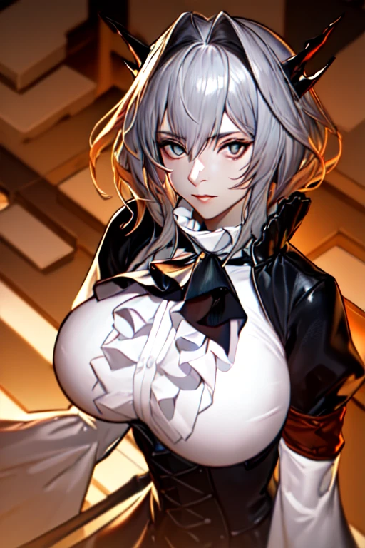 (big breasts:1.5),looking at the viewer,((masterpiece)),((highest quality)),perfect anatomy,8K UHD,highly detailed face,luster and luster,((1 girl)),((alone)),(beautiful and fine eyes:1.5),perfect image,(Upper body:1.1),(look ahead:1.1),Arms behind,slim waist,shiny hair,Are standing,super detailed,disorganized,silver hair,yellow eyes,bangs,white clothes,tie,skirt,indoor hall,medium hair,