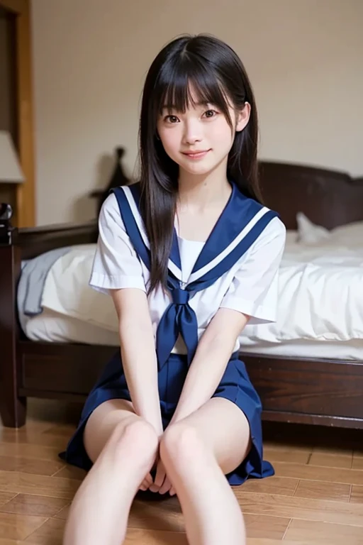 cute,teen,black hair,long hair,straight hair,with bangs,angelic smile,model,full breasts, wariza,on bed,summer sailor suit