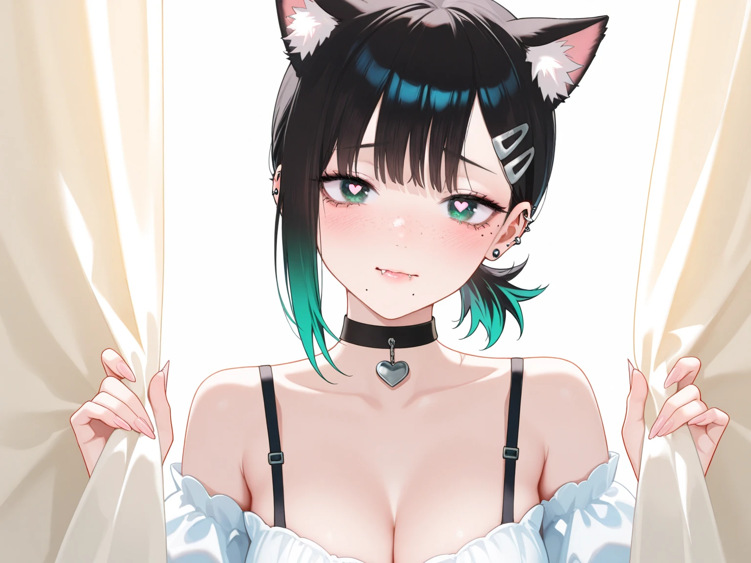 Shortcuts, Black Hair, Bob Hair, Large Breasts, Cat ear headphones, Character portrait, Decorative art, Full body of one person,