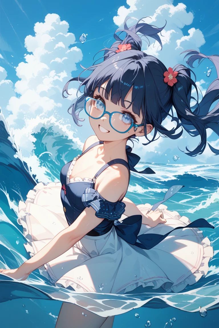 sticking to the shirt、Her breasts are visible through her blue and white striped shirt、Blue flared skirt、She lifts her skirt to reveal her cute white lace underwear、Girl with long black hair and glasses、whole body、Sandy beach and blue sky