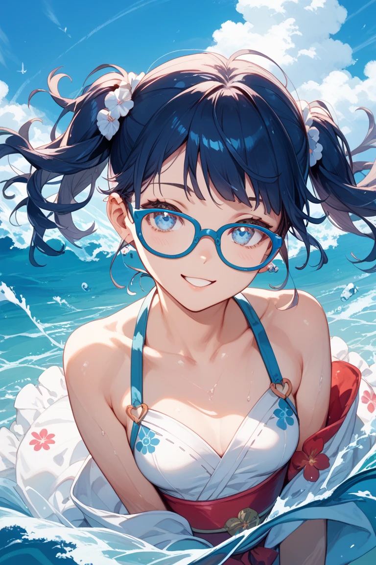 1 female,black hair, ,((impatient look)),beautiful breasts,((swimsuit)),good style,,(facing the front)(((cheeks turn red、surprised expression)),(((Underponytail))),((( upper body portrait)))frameless glasses,blue eyes,(((The bangs are even)))(wet state)