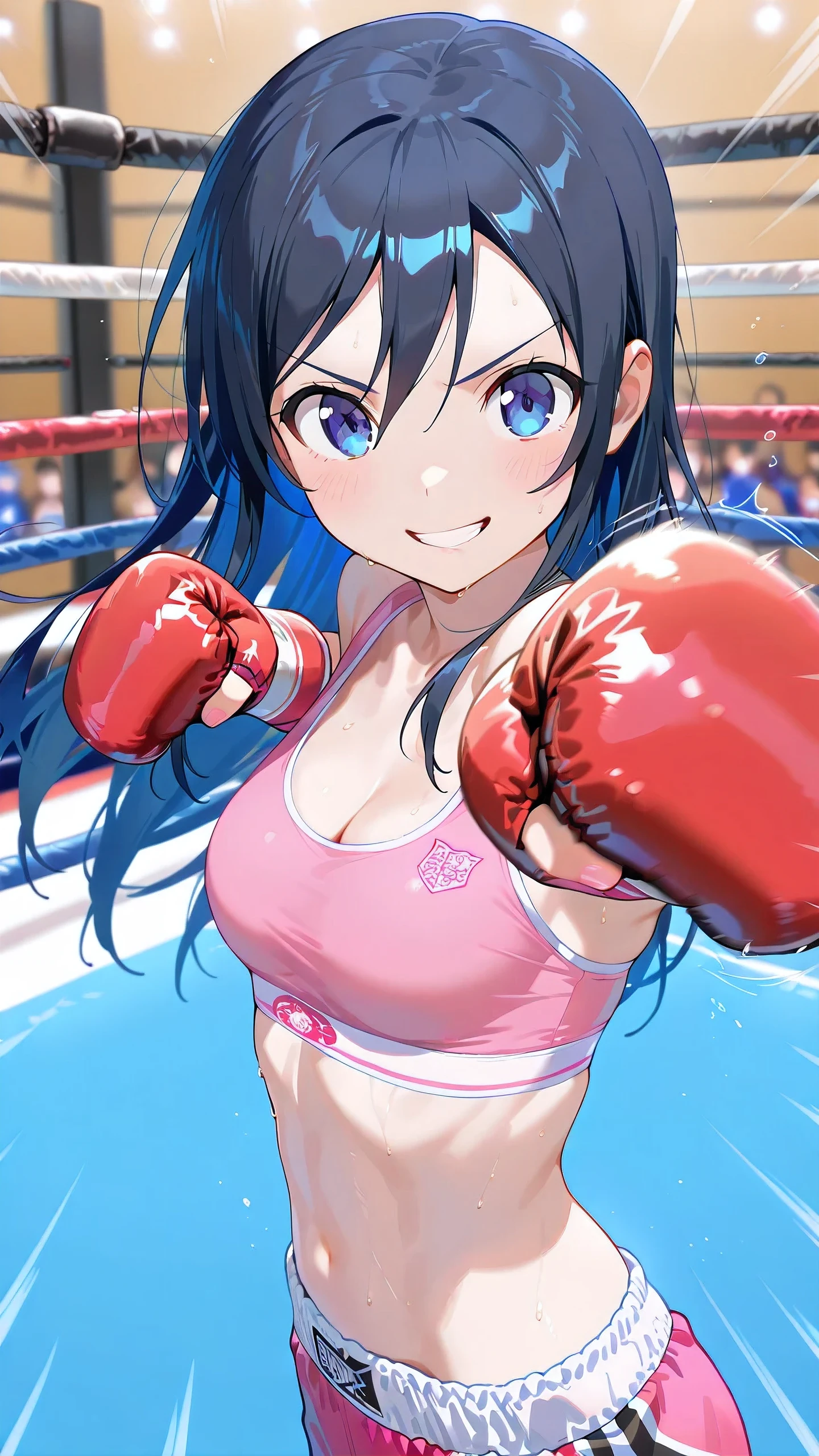 ayase aragaki, long hair, blue eyes, black hair, solo, pink and white sports bra, pink and white low leg cut spats, pink fingerless gloves, cleavage, medium breast, serious grin, looking at viewer, Detailed eyes, Detailed face, [toned stomach], (boxing with viewer:1.3), (dominating viewer at boxing:1.3), from side-above, (close-up face:1.2).

p4nch, punching, (final blow:1.2), clenched hand, motion lines, motion blur,

boxing ring, spectator seats, (depth of field), best quality, masterpiece, high resolution, 4K.