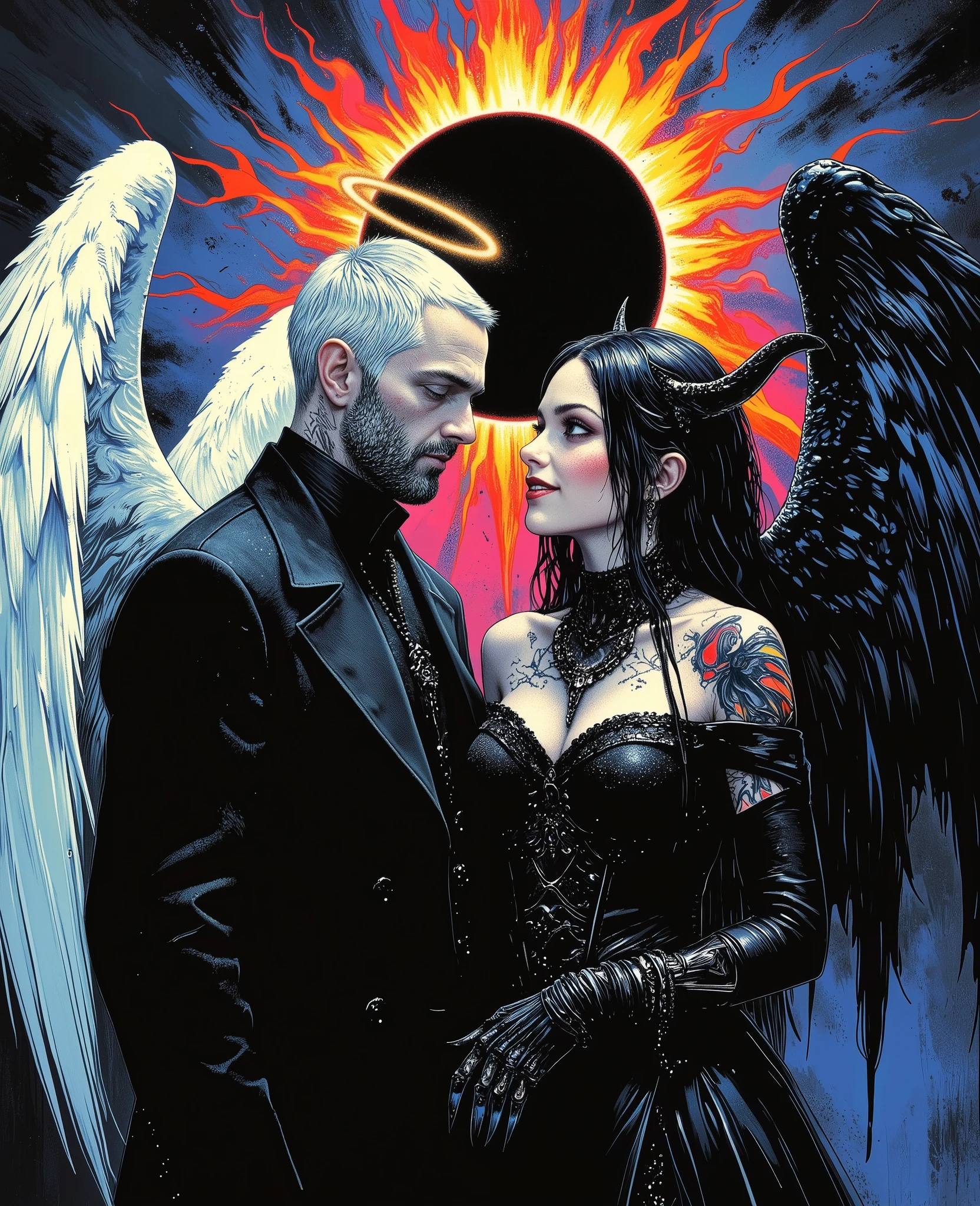 color contrast, hyperrealistic poses, cinematographic photography , detailed, best quality , High resolution , intricate details, vivid colors , detailed Style Photography Hyperrealism oil painting portrait of a creepy yet beautiful mystical couple , ((( beautiful mystical soulmates ))) perfection of style , vivid colors , colorful, dark background, aidmaMJ6.1, FNTSypstlce estilo , Nova arte digital fantasycore, q
Done in a balanced, fluid, gothic style that expresses the harmony of opposites that dance around these 2.
A captivating portrait shows an angel and a demon in stark opposition. On the left, a 40 year old clean shaven man with short white hair and aquiline features. With a wry expression wears a dark, high-collared coat. He has white, feathered wings and a glowing halo, symbolizing his angelic nature. On the right, a mixed woman with light brown skin and long, a head shorter than the man almost braided hair black as midnight that shimmers, is wearing a roguish grin and dressed in a black, ornate off-the-shoulder gown. Her radiant eyes plotting are familiar to the man and can tell she plots mischief. She has dark spidery tattoos that are elegant and cruelly beautiful, a bandolier of long black daggers and hooks rest across her ample bosom, and large majestic black gossamer wings of blue and purple frame her short form, with flames rising behind her of the same colors, signifying her sinister essence that's tied to darkness and the beauty found in the unseelie court. Both figures are facing each other, their intense gazes creating a powerful contrast between light and darkness and a shocking truth, they long to touch one another and their look is full of love. Massive energies whirl around these 2 and an eclipse of the Sun heralds their union with a foreboding air.