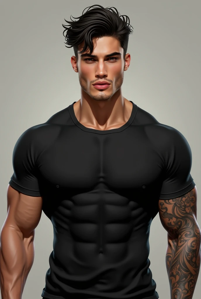 A strong man, young, dark skin and black hair. a bag sensual, Your pose should look like a statue with deep eyes 