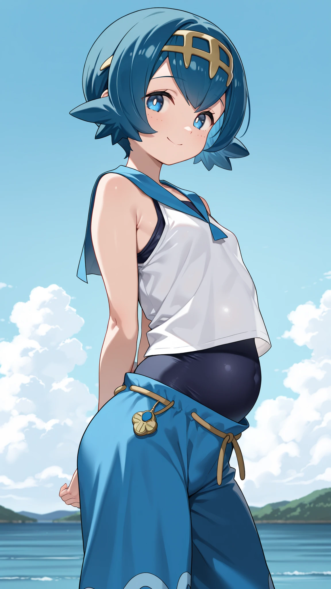 (masterpiece, best quality, good quality, very aesthetic, absurdres, newest:1.2), (curvy, medium breasts), zzLana, yellow hairpiece, blue hair, white shirt, sleeveless shirt, sailor collar, blue pants, baggy pants, smile, looking at viewer, cowboy shot, lake background, ((young:1.2)) ((pregnant:0.8)), hands behind back, flat chest,