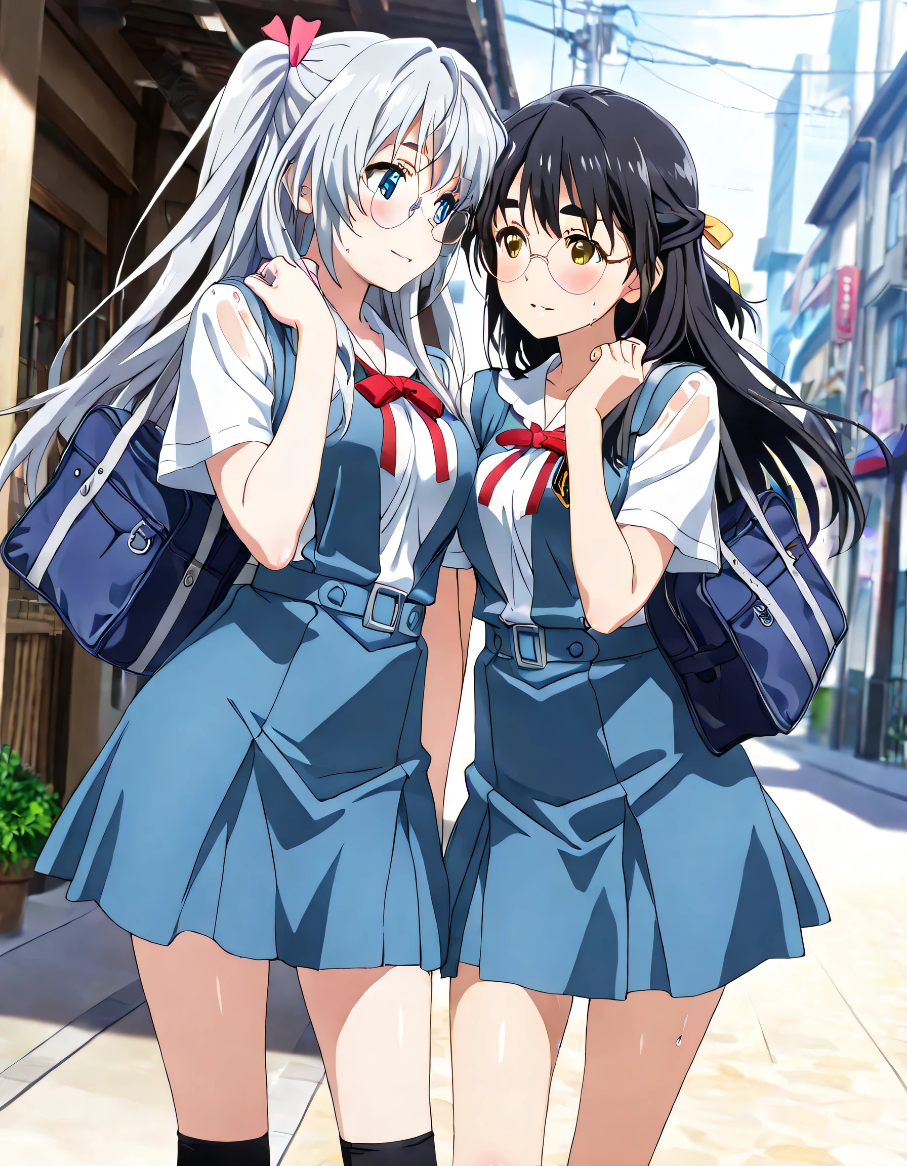 ((ultra-detailed)), (highly detailed CG illustration), (best quality:1.2), ultra-highly detailed, colorful composition, artistic photoshoot, 2girls, duo focus, Yuri:1.3, side by side, shoulder-to-shoulder:1.4, side-by-side, moe anime character, round face, rounded chin, short stature, school uniform, Neon Genesis Evangelion, tokyo-3 middle school uniform, black high socks, school bag from her shoulder, ample breasts, wet clothes:1.3, sweat, wet body, cowboy_shot, dynamic_angle, eye contact, contrapposto pose, from front, BREAK
(girl A is Sena:1.2), girl, thick eyebrows, half updo, sagging eyes, long hair, black hair:1.3, brown eyes, (wearing glasses:1.3), (round eyewear:1.3), black hair color:1.3, half updo, hair ribbon with light blue, BREAK
(girl B is Marika:1.2), girl, blue eyes, sagging eyes, not wearing glasses, silver hair color, two side up, hair ribbon with black, BREAK
dynamic_pose, street background, cityscape, sunshine, gentle smile:1.3, blush:1.3, expecting, pink cheek, pink gloss slip:1.2, portrait, depth of field, soft lighting, sidelighting, caustics, ray tracing, lustrous skin, highly detailed face, highly detailed eyes, perfect nose, perfect anatomy, beautiful hair, beautiful small face, beautiful detailed eyes, beautiful clavicle, beautiful body, beautiful breasts, leavage, breasts squeezed together, beautiful thin thighs, beautiful legs, beautiful fingers, lovely, (very detailed background:1.0), (highly detailed background:1.0), early summer aesthetic, intricate details, fun female friend atmosphere, early summer colors palette, chromatic aberration