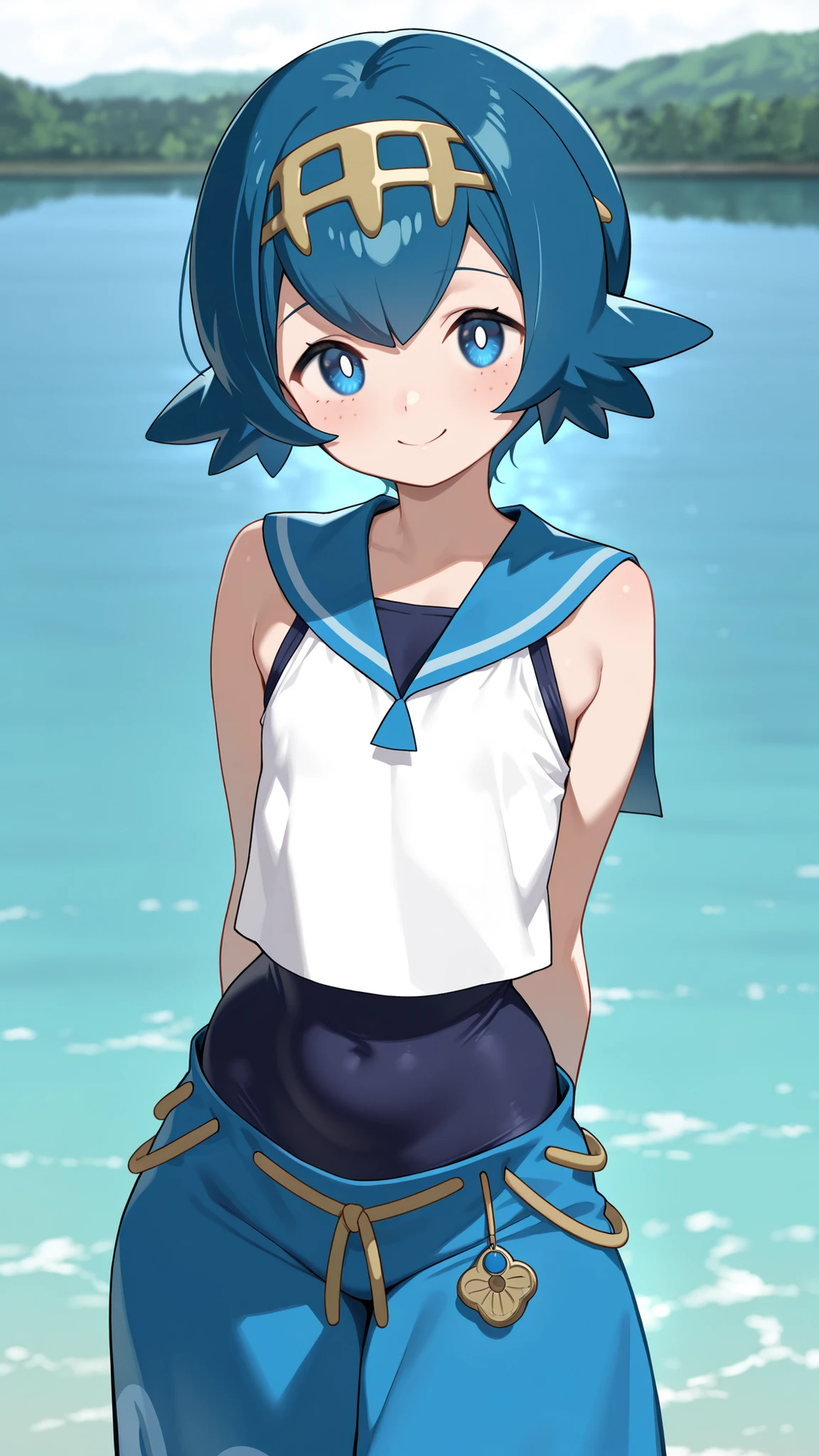 (masterpiece, best quality, good quality, very aesthetic, absurdres, newest:1.2), (curvy, medium breasts), zzLana, yellow hairpiece, blue hair, white shirt, sleeveless shirt, sailor collar, blue pants, baggy pants, smile, looking at viewer, cowboy shot, lake background, ((young:1.2)) ((pregnant:0.7)), hands behind back, flat chest,