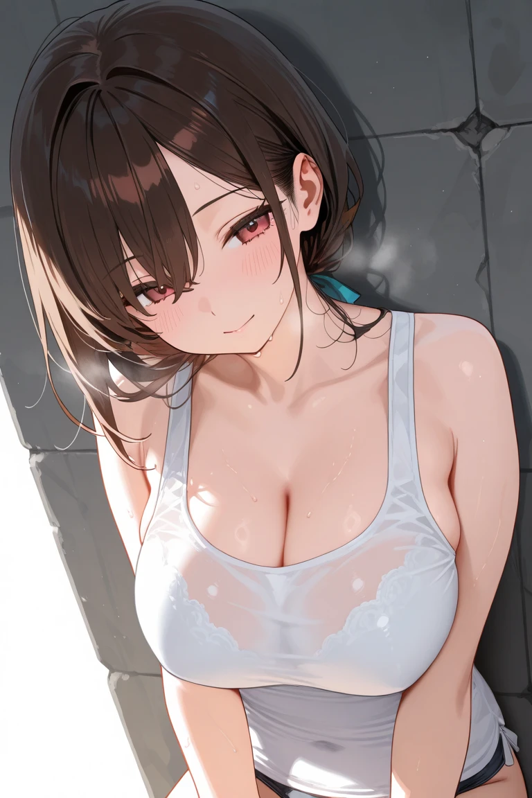 (best quality), (Super detailed), (Best Illustration), (1woman), look at viewer, from side, upper body, (strap slip), (Big Breasts:1.2), {brown hair, (bob cut:1.2), curly hair, hairs between eyes}, {(detailed eyes), heart-shaped pupils, blue eyes}, blush, sweat, steam, earrings, navel, white hairband,
