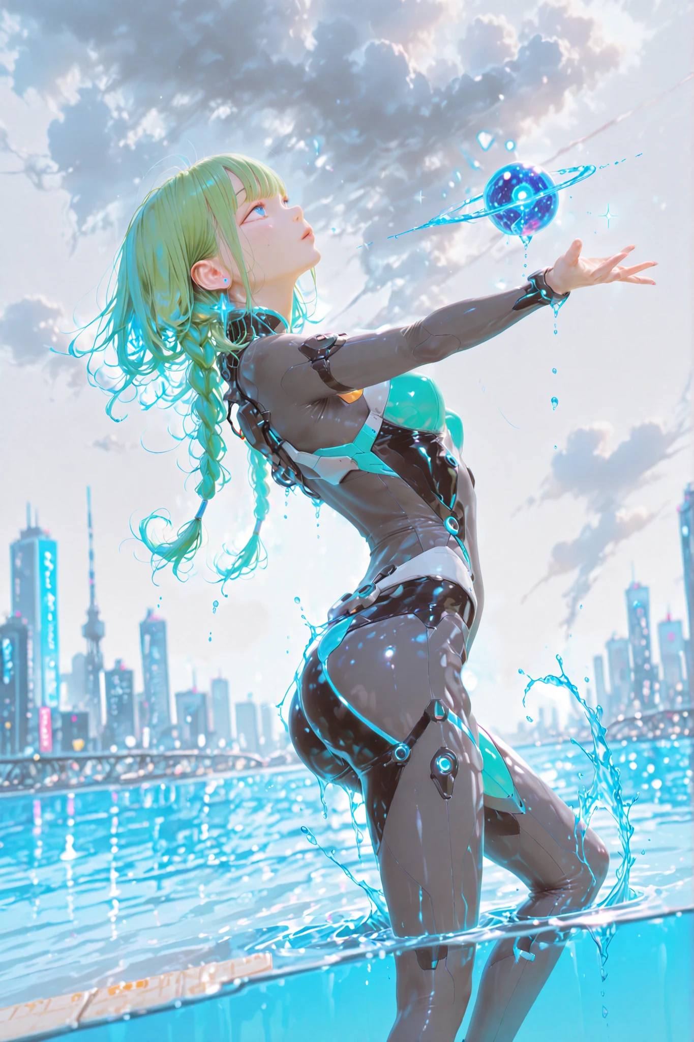 A sensual girl with bright green hair, divided into two braids thrown over her shoulders, vibrant blue eyes, wearing a futuristic bodysuit made entirely of water, with a visible texture of flowing water Lucid that reflects light. She's in a dynamic pose, with a raised hand channeling a sphere of bright and swivel water, ready to launch. Her body has firm legs, seios firmes, arched back and lower back, wide hips contrasting with an extremely thin waist. The scene takes place in a humid and futuristic city, with streets glowing with moisture, under a cloudy and gray sky, with a misty atmosphere and diffused light. The style is realistic, with vivid details and rich textures, vibrant colors and dramatic lighting that highlights the watery texture of the suit and the energy of the water sphere."

