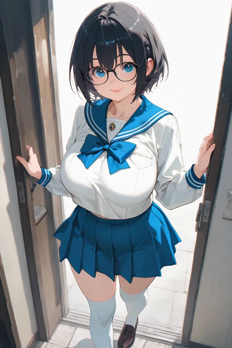 asterpiece, Sharp Focus, Petite schoolgirl, short tactile hair, black hair, Glasses, big hip, big tits, thick thighs, white coat, sailor suit.