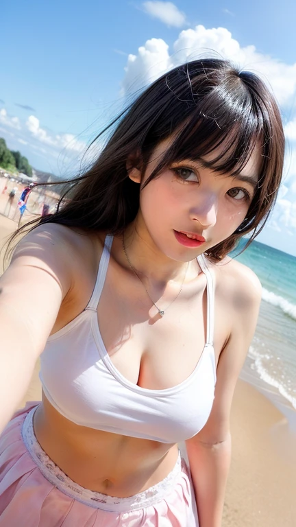 (Blush:1.3),(Panty Stain), Young Woman Holding Small Panty in Hand at Candy Themed Amusement Park.BREAK ((Looking Up)),((Top Angle:1.3)), Looking at Camera from Top, BREAK (Gal:1.1),(Torpedo Breasts, Cleavage),( Glamour:1. 3))),(Maid, Racing Model),