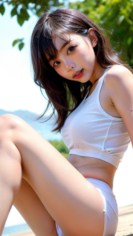 Very detailed、High resolution、Super Beauty, (highest quality)、masterpiece、(RAW Photos:1.2)、(Realistic:1.4)、Beautiful details Delicate expression, smile、((I can see your crotch))、eyelash、Sparkling eyes、Glossy Lips、(Beautiful and detail perfect eyes:1.5)、Large file size、Very detailed expression、(Front view:1.5)、smile, ((wearing white and silver panty:1.5)), (Short black hair:1.5), (fits your body:1.5), photo Realistic, 18-year-old, blush, Lips parted, Looking at the audience, ((Very large round breasts:1.5)), (at beach:1.3), Full body photo, Narrow waist, (sitting beach chair:2), (camel toe:1.5), (((wearing white and silver thin tight short t-shirt and show underboob:1.5))), (((not wearing bra:1.5))), ((wearing tartan check skirt:1.3)), windy, (skirt lift by herself:1.5), ((stretch both legs forward:1.5))