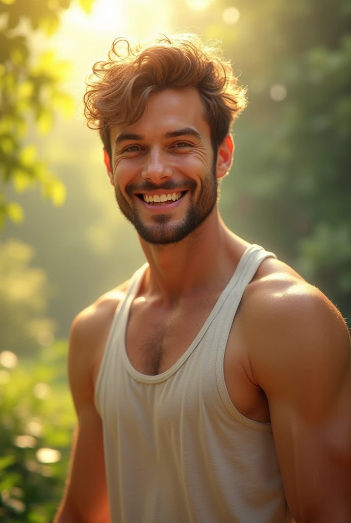 Full Body photorealistic 4k, high resolution, best quality, masterpiece, perfect color, perfect shade, perfect lighting, Posted by e621, ((portrait)), ((handsome man)), perfect male figure, Short hair details，Naked and nude torso，Detailed face, perfect face, (stood up), Detailed background, ((Bonifasco Lighting)), (delicate eyes),(animal ears：white cat)，((big fluffy tail))，tattoo，((forest))，emaciated. Smiling 