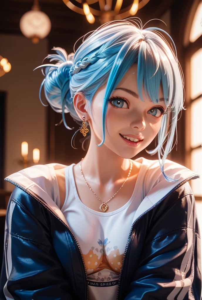 ((masterpiece)), (best quality), (detailed), (1girl), blue hair, blue eyes, updo, white shirt, black dress, looking down on the audience