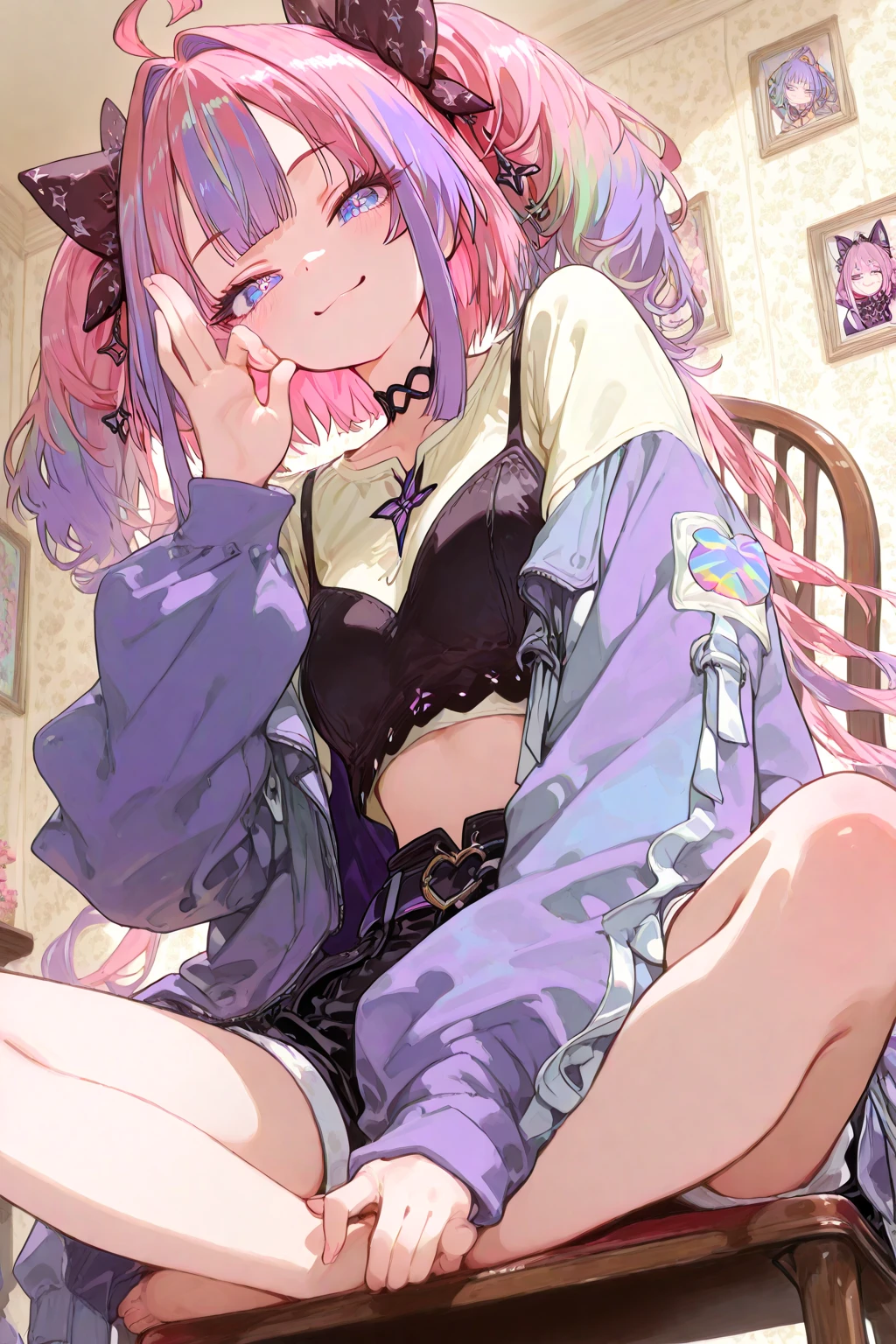 masterpiece, best quality, photorealistic, (indoors:1.2), beautiful lighting, cinematic lighting, bedroom, on bed, lamp, poster,two girl
AND two girl,yae miko, pink hair, teasing, smug, smirk, head tilted, knee up, looking at viewer, glossy skin, sitting, medium breasts, dolphin shorts, denim, navel, midriff, nose blush, necklace, (sneakers:1.2), leaning on person,genshin impact,
AND two girl,raiden shogun, purple hair, purple eyes, serious, blush, looking at viewer, single braid, shirt, long hair, crossed legs, glossy skin, knee up, arm rest, sitting medium breasts, dolphin shorts, denim, smile, necklace,(sneakers:1.2), looking at another, half closed eyes,genshin impact,